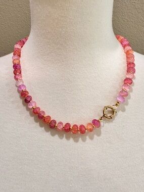 Pink Multi-Tone Beaded Necklace with Gold Clasp Handmade Glass Rainbow Stone
